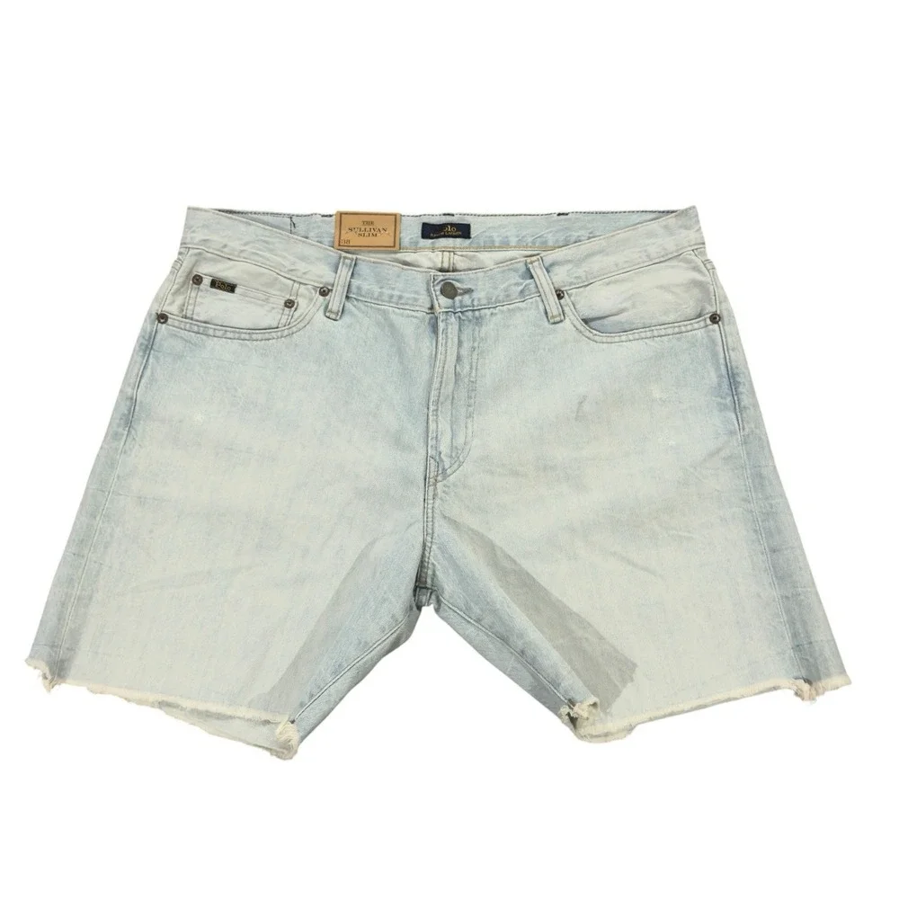 Polo Ralph Lauren Men's Size 38x7 Light Wash Denim Cow Leather Trim Jean Shorts